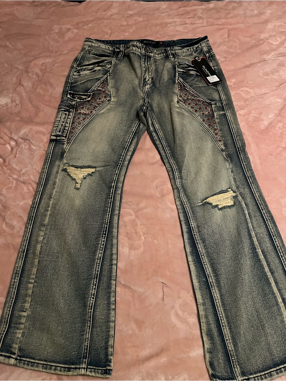 Denim&Co Gray Washed Flare Jeans with Red Stud Accents